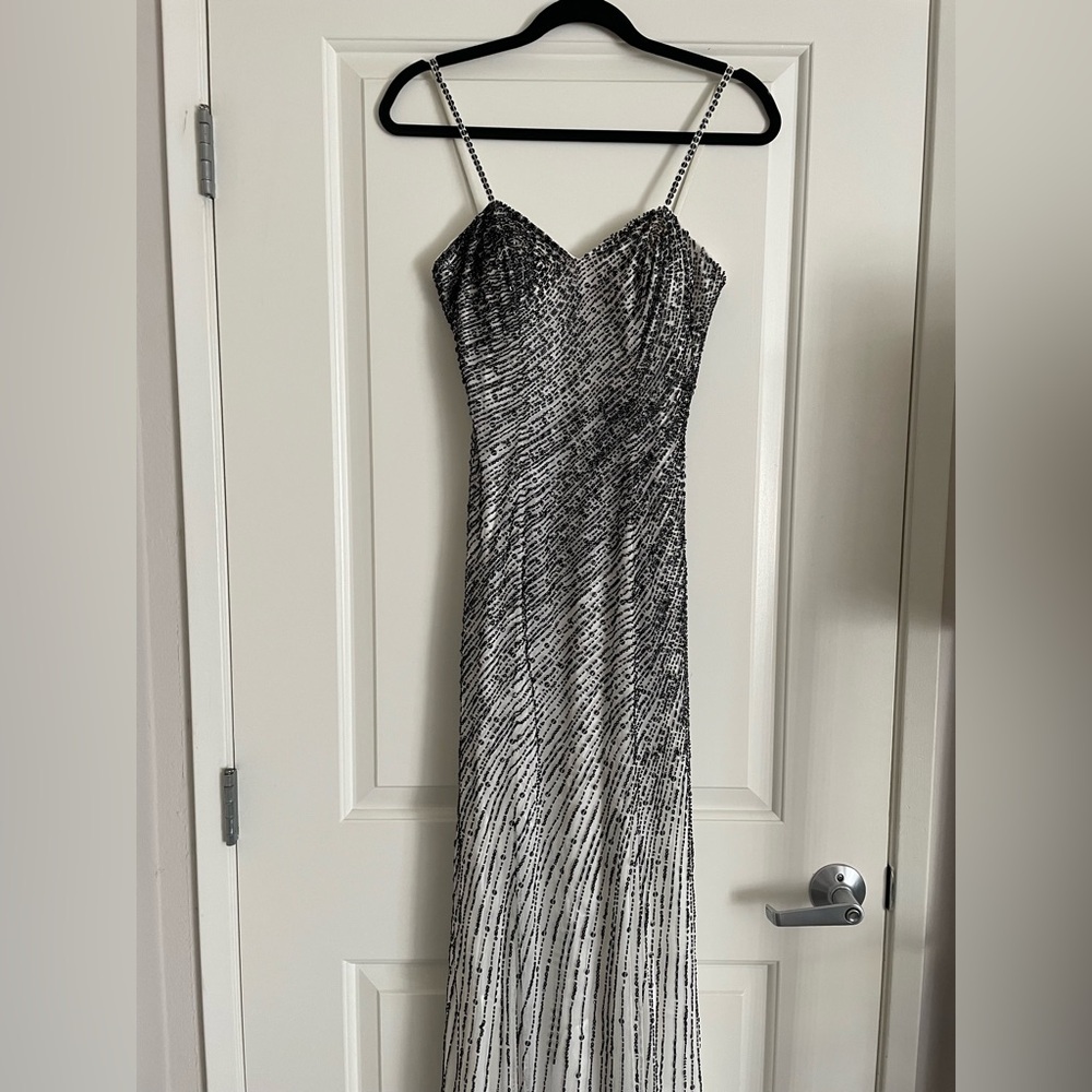 Terani Couture Black and White Strapless Gown fully‎ beaded swirl thinning